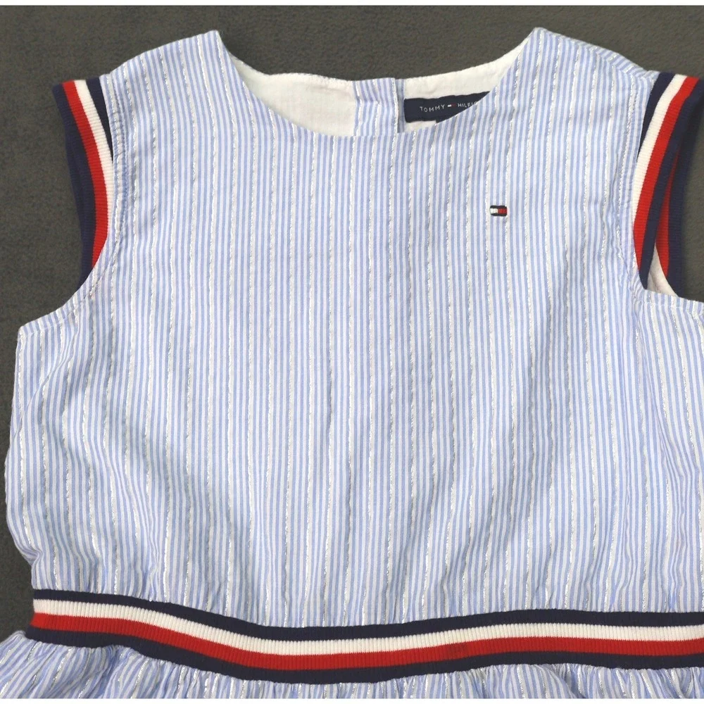Tommy Hilfiger Striped Dress Kids 8 Blue Seersucker Metallic Sleeveless